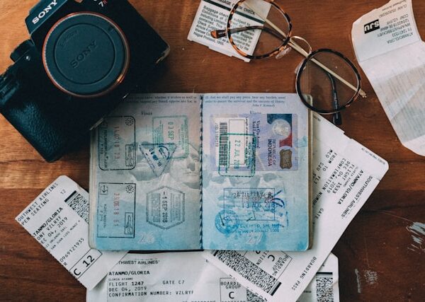 A world map with pins marking various countries, and a hand holding a passport and visa stamp