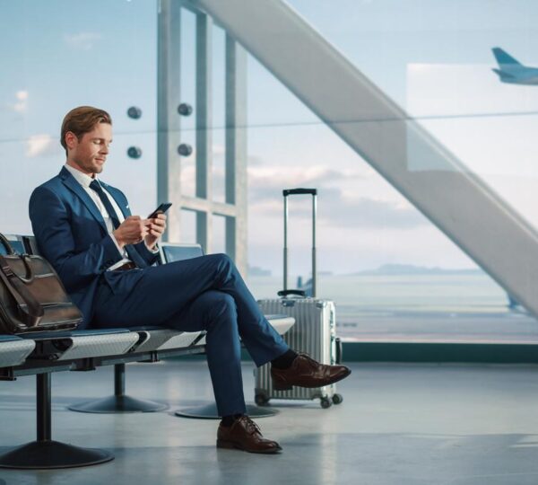 A photo of a smiling person working on a laptop while enjoying a scenic view from a hotel balcony, symbolizing the perfect blend of work and leisure on a bleisure trip.